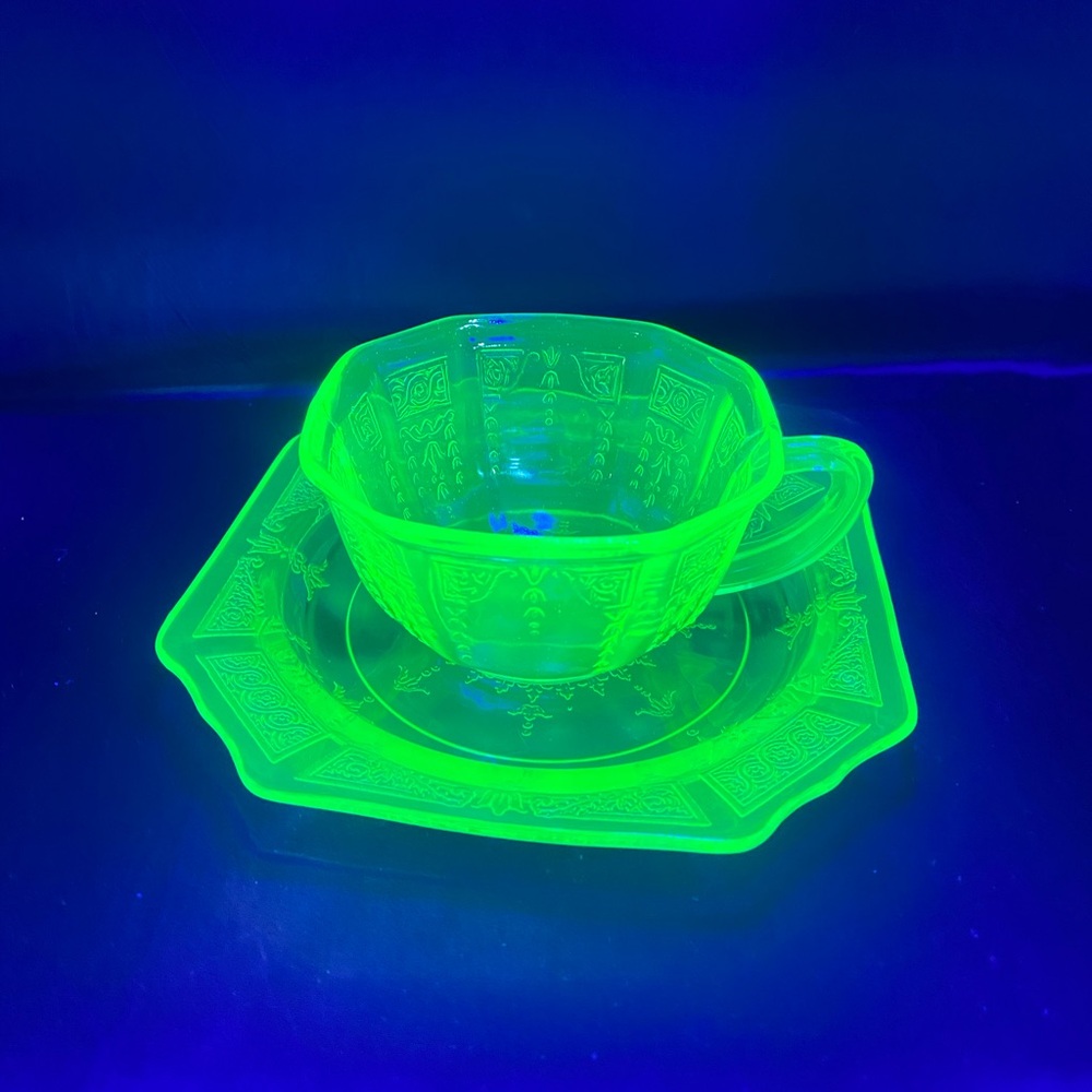 Vintage Hocking Princess Pattern Uranium Glass Teacup And Saucer 3.5 in.